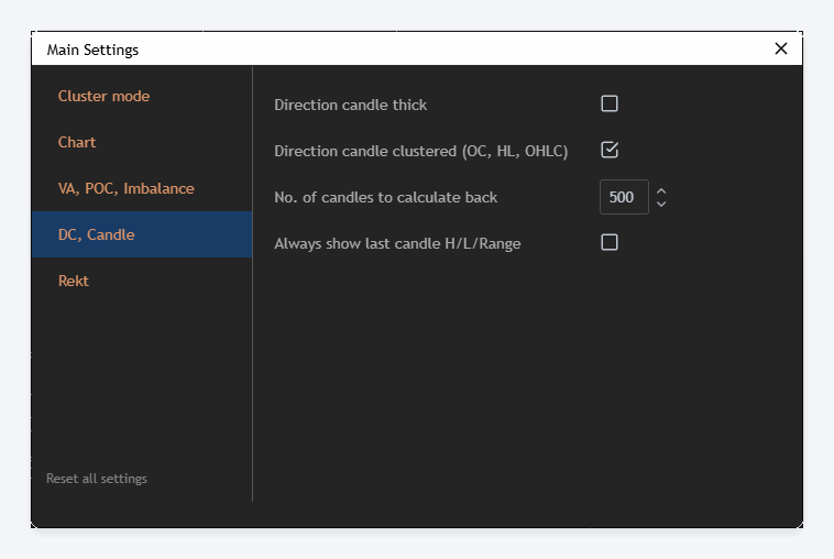 The DC, Candle tab of the Main Settings dialog