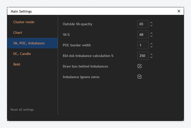 The VA, POC, Imbalance tab of the Main Settings dialog