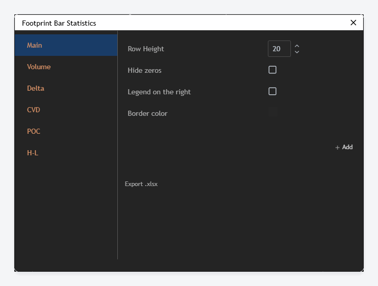 The Main tab of the Footprint Bar Statistics dialog