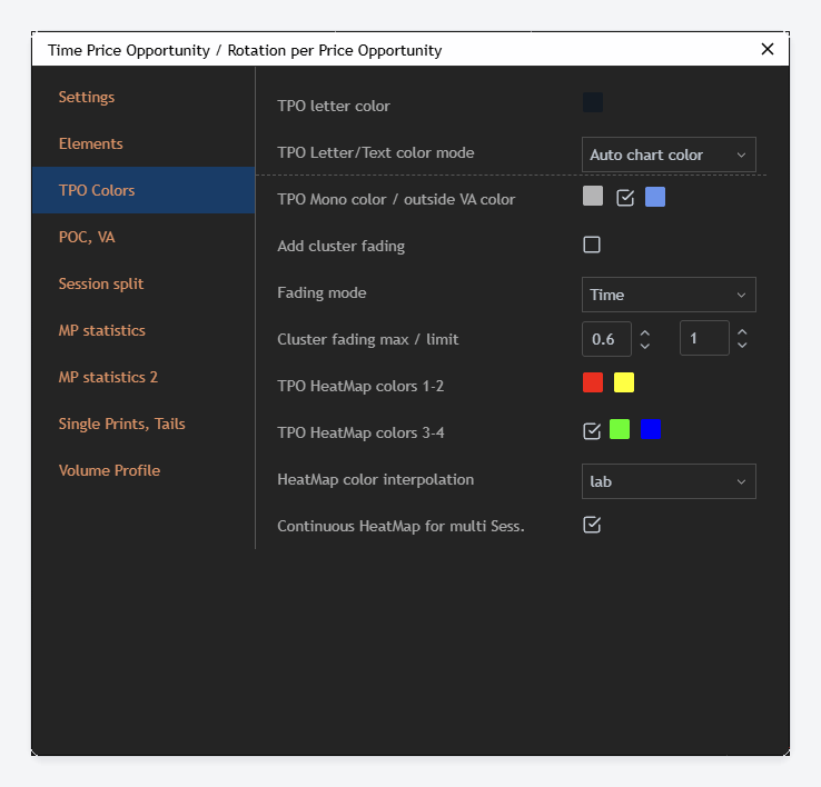 The TPO Colors tab of the TPO dialog