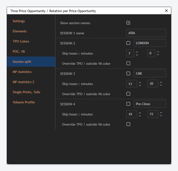 The Session split tab of the TPO dialog