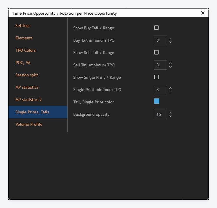 The Single Prints, Tails tab of the TPO dialog