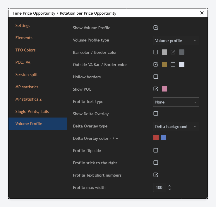 The Volume Profile tab of the TPO dialog