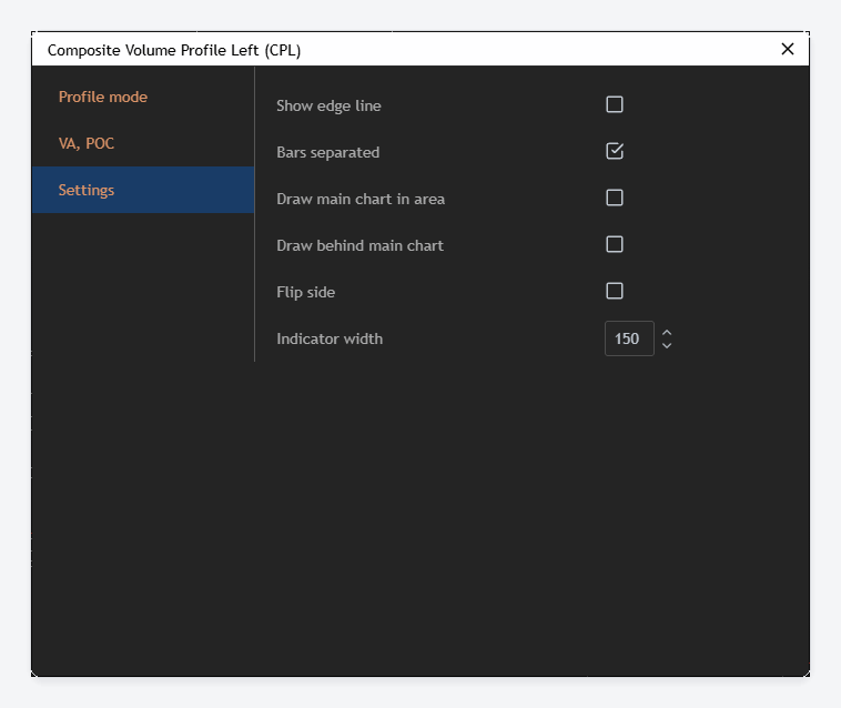 The Settings tab of the Composite Volume Profile Left dialog