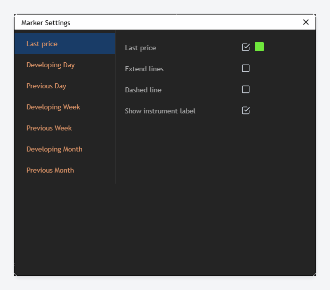 The Last price panel of the Marker Settings dialog