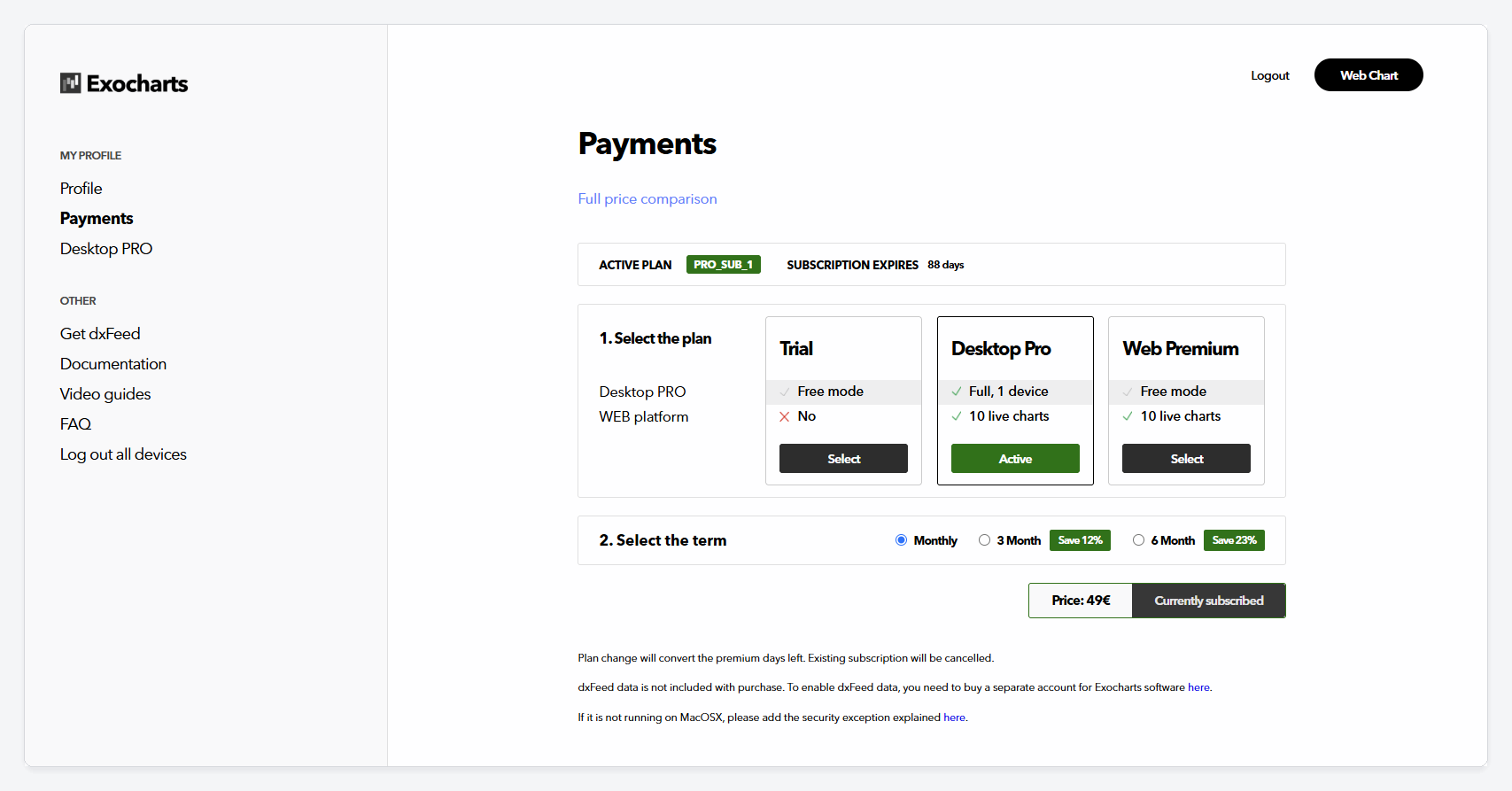 The Payments page, showing the available plans and billing terms