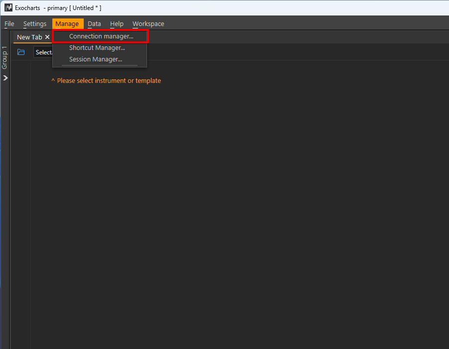The Connection Manager open in Exocharts Desktop