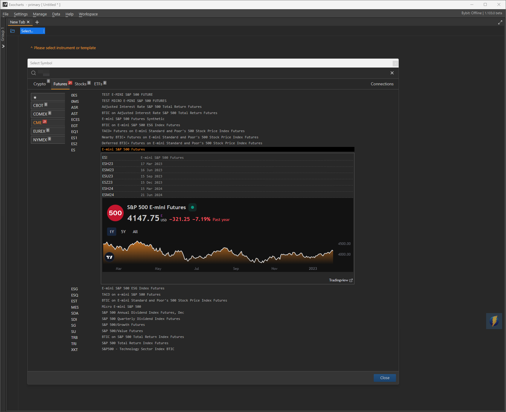 Selecting a dxFeed instrument in the symbol selector