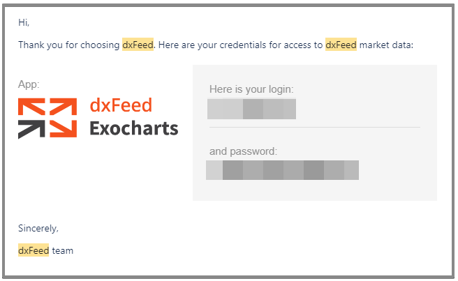 The dxFeed confirmation email showing the login and password fields