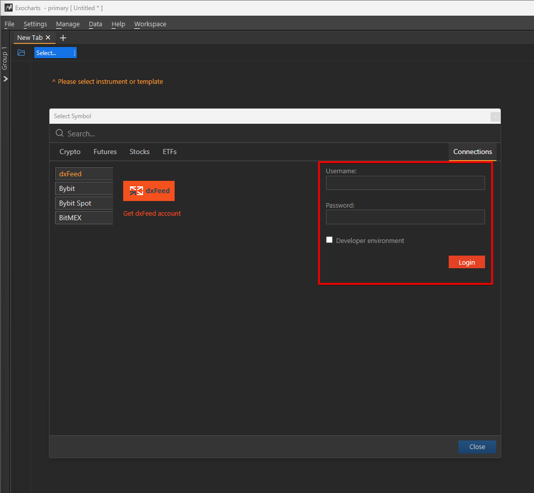Entering the dxFeed login and password in the Connection Manager