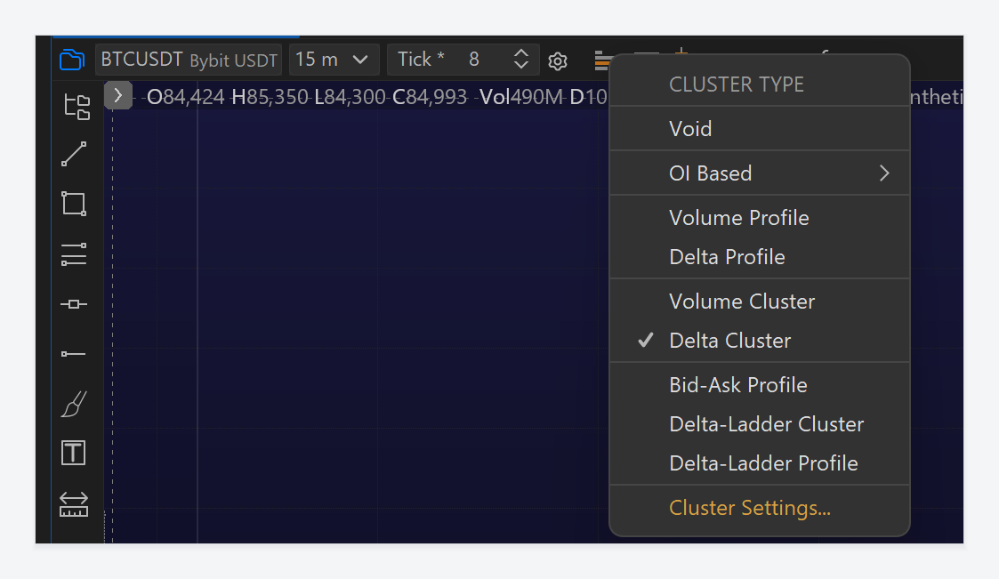 Exocharts Desktop cluster type menu
