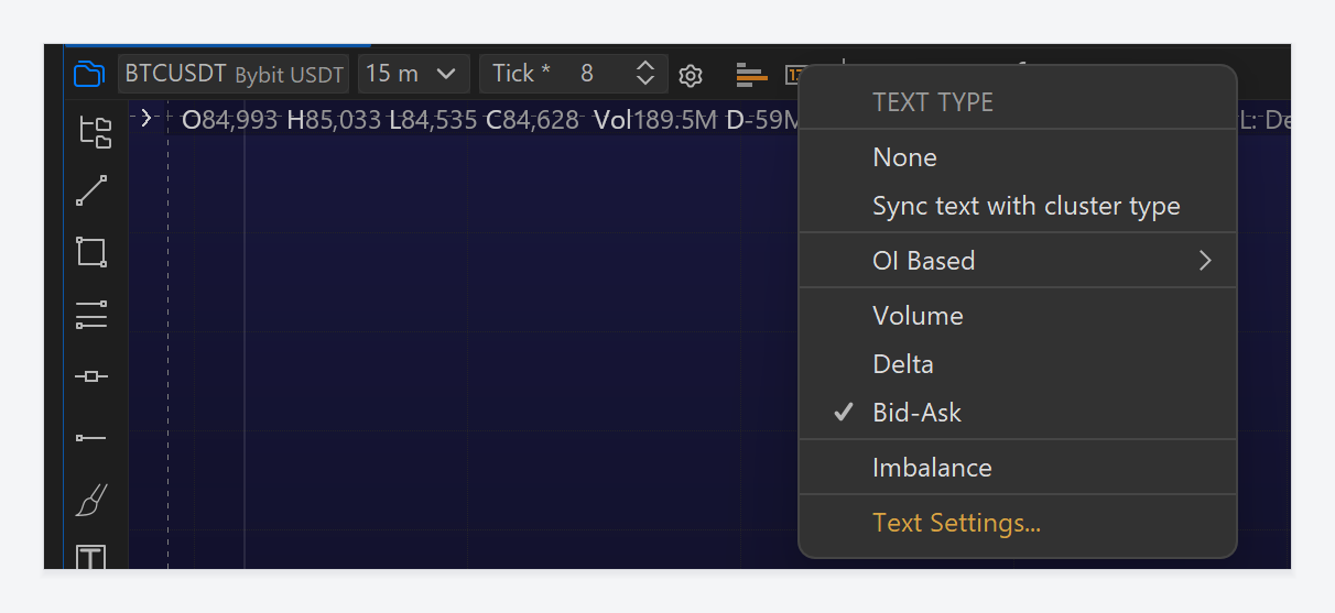 Exocharts Desktop text type menu