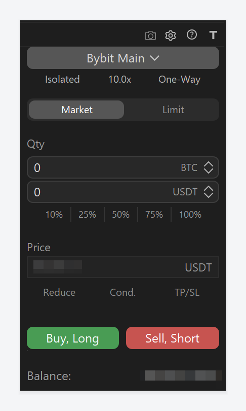 Exocharts Desktop trading panel with account, order type, quantity and Buy, Long and Sell, Short buttons