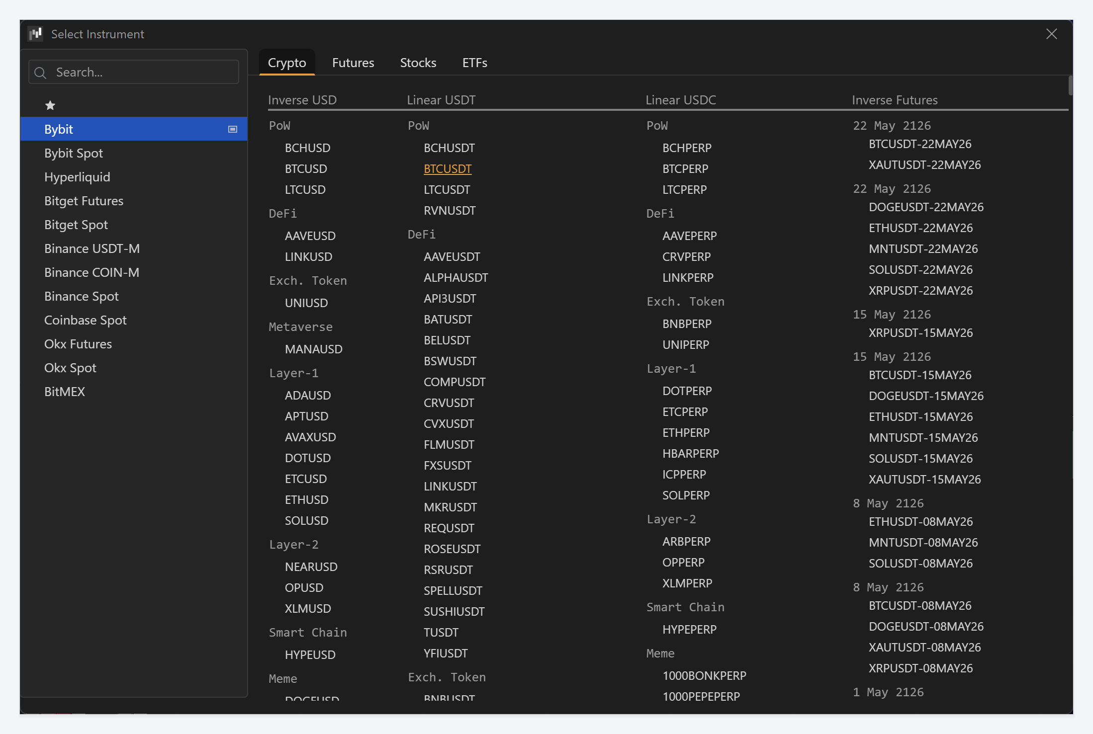 Exocharts Desktop Select Instrument dialog with exchange list and Crypto, Futures, Stocks and ETFs tabs