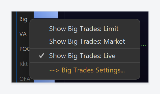 Exocharts Desktop Big Trades plugin menu